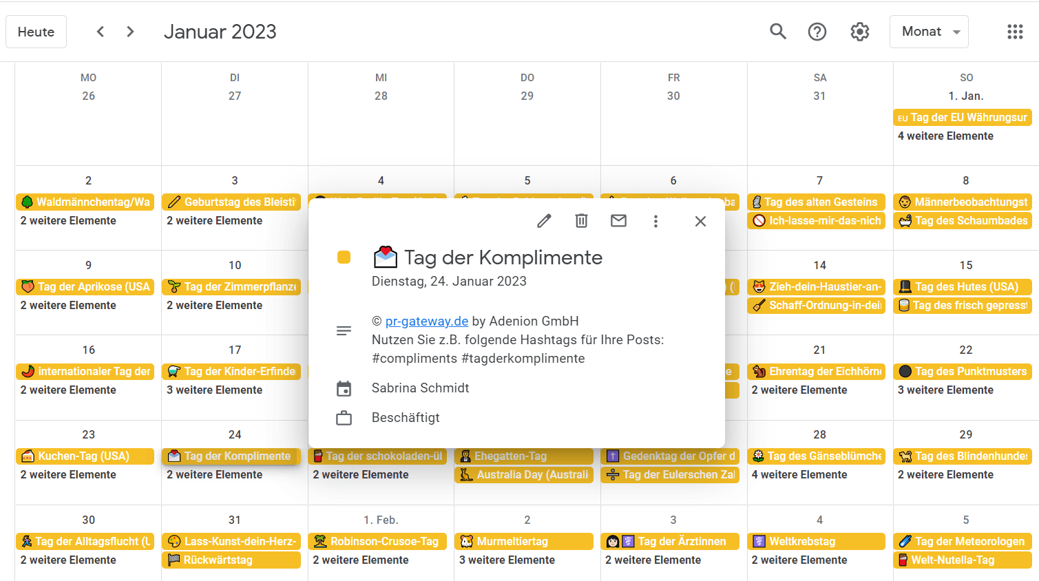Beispiel zum PR-Kalender